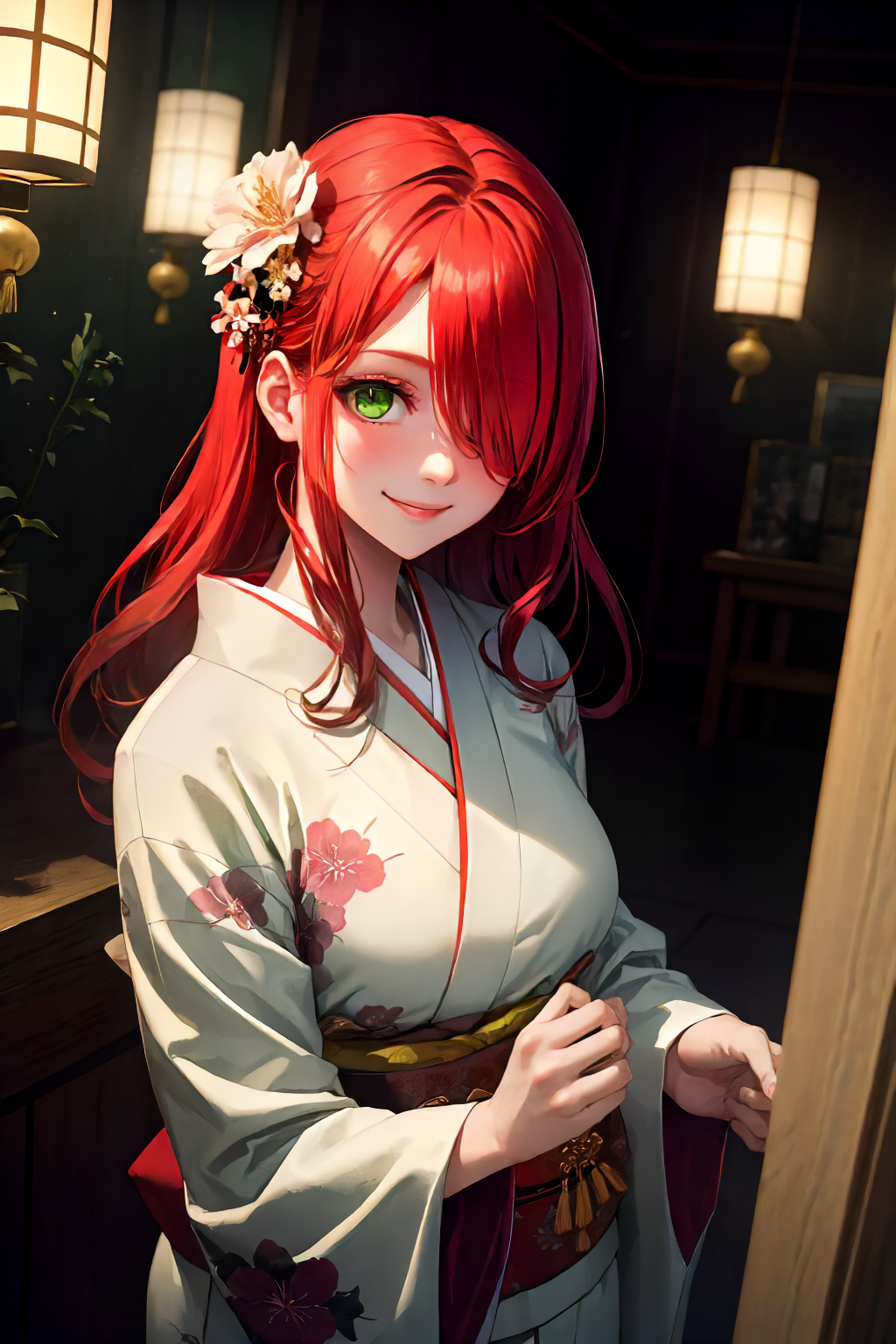 00831-1255192624-a girl wandering in nature, smile, red hair, green eyes, white kimono, floral kimono, straight hair, hair over one eye, hair orn.png